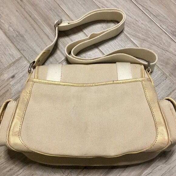 COLE HAAN Amanda Canvas Tan Gold Lizard Embossed Leather Bag Adjustable Strap - Picture 4 of 5